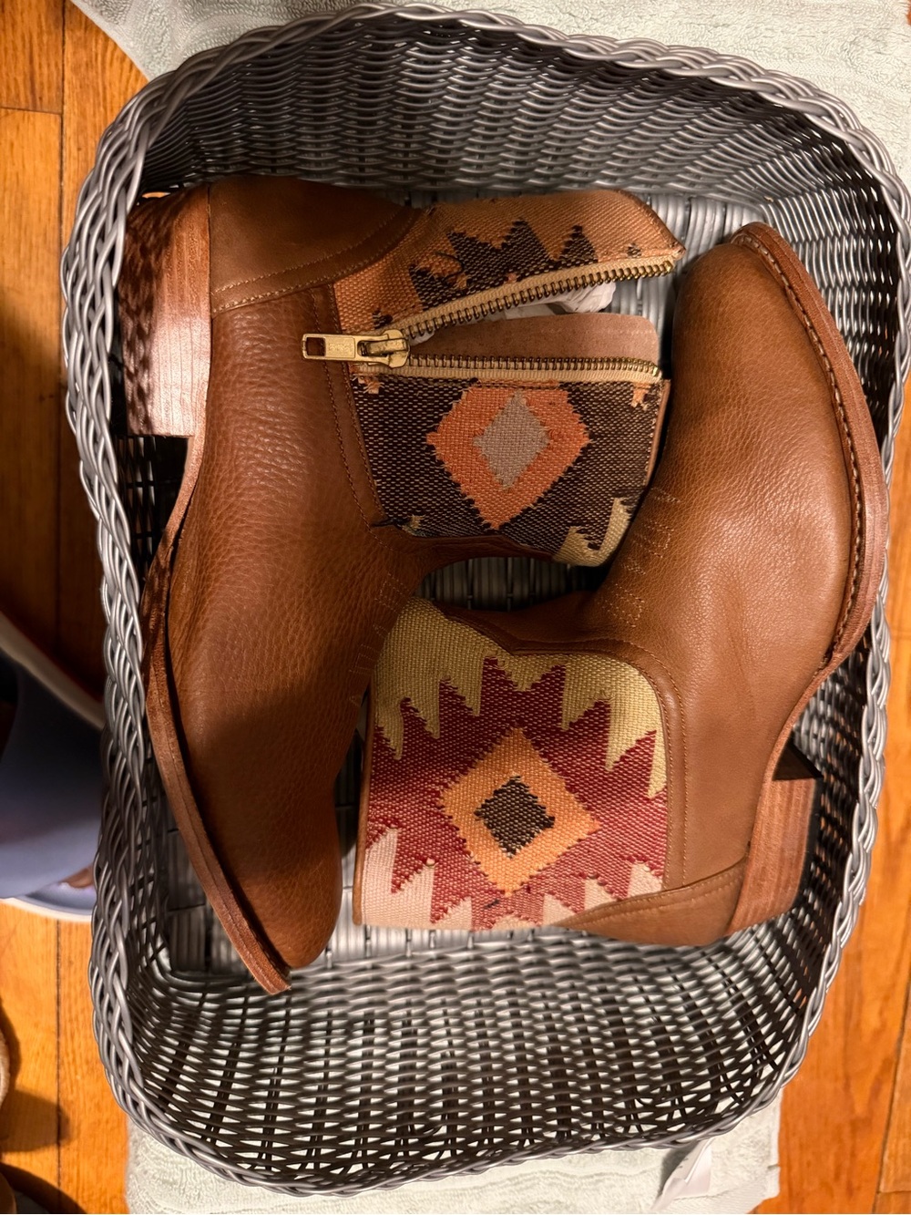 UxibalCognac Leather Ankle Booties with Southwestern Textile Panels